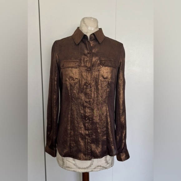 Calvin Klein Women’s Liquid Bronze Shimmer Metallic Button Down Shirt Size L Fun - Picture 15 of 15